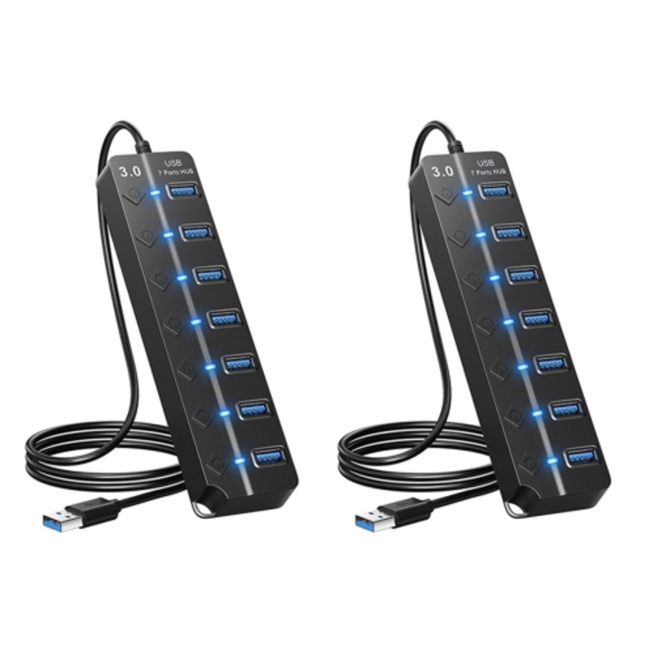 USB 3.0 хъб, 7 порта, черен, комплект 2 бр., 10x5x2см