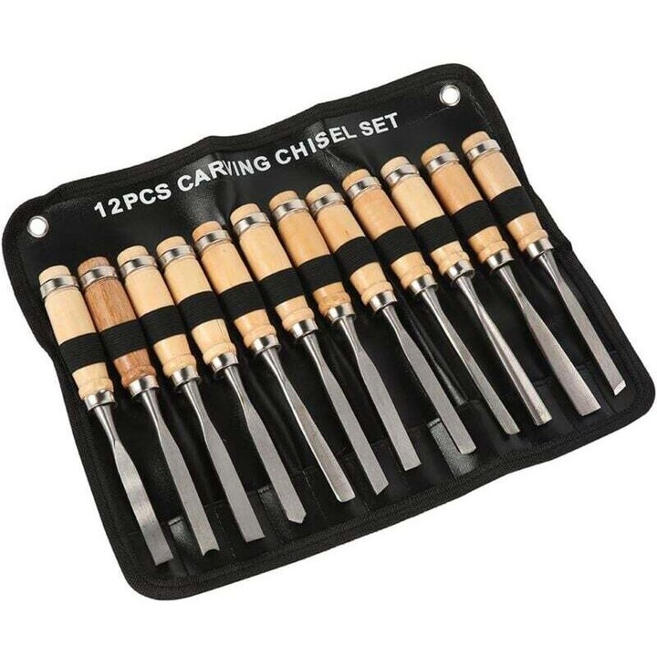 Set 12 unelte sculptura lemn, manere lemn, otel inalt carbon, 20cm