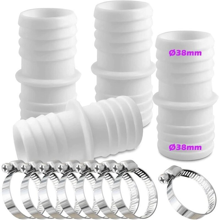 4 db dupla tömlőadapter készlet 38mm, 8 db rozsdamentes acél bilincs, fehér