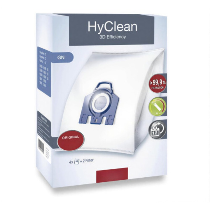 Комплект от 4 торбички за прах от микрофибър HyClean 3D GN, 2 изрязани филтъра, бели, универсални за цилиндрични прахосмукачки Miele