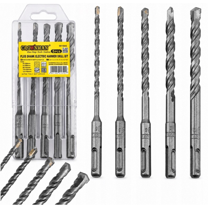 Burghie SDS Plus CROWNMAN, set 5 bucati, 5-12 mm, lungime 160 mm, pentru beton, zidarie, caramida si piatra, prindere SDS Plus, burghie pentru rotopercutor, montaj, renovari si constructii