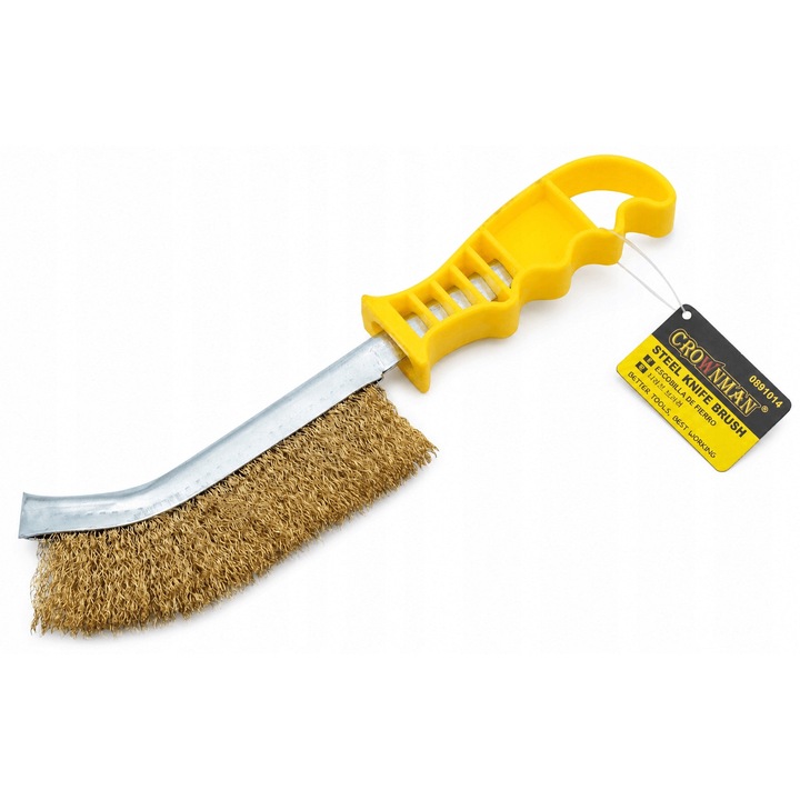 Perie sarma CROWNMAN 250 mm, perie manuala cu peri metalici din alama, maner ergonomic, pentru curatat gratar, metal, rugina, vopsea, lemn, atelier, garaj, gradina si renovari