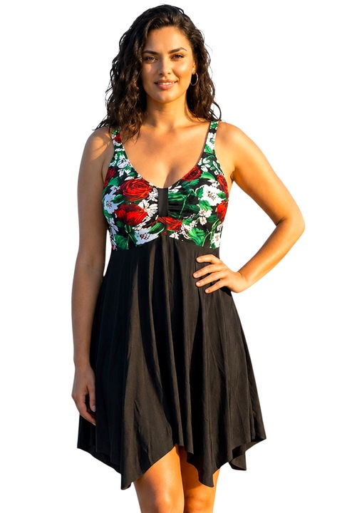 Set cu boxeri si rochie asimetrica de plaja ELARIS, cu bretele reglabile, Marimi Mari - Batal, RED Roses, Marimea 50, FashionForYou