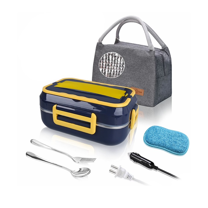 Caserola Termica Electrica Sosar, Alimentare la Priza si Auto, 3 Compartimente, Interior Detasabil din Inox 304, 1.5L, Tacamuri Incluse, 24x18.5x11.5 cm, albastru-galben