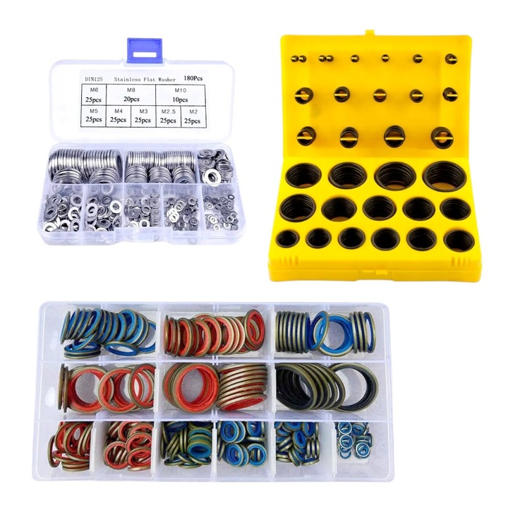 Set 180 saibe plate, otel inoxidabil, gama M2-M10, 8 variante cu Trusa cutie inele cauciuc, tip o-ring, 30 variante, 386 tipodimensiuni, diametru 03-44 mm, uz casnic/profesional si Set saibe metal, cauciuc, diametru 06-30 mm, multicolore, 245 bucati