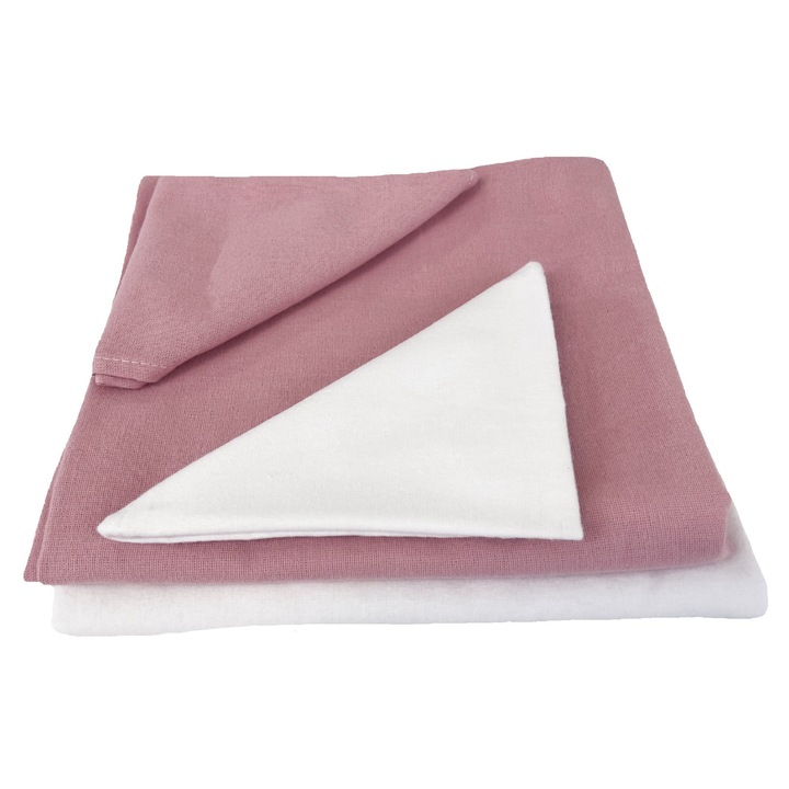 Set 2 bucati scutec de infasat bebe, 100x100cm, finet, cu 2 lavete, model uni, alb/ roz prafuit