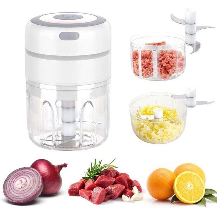 Mini elektromos aprító, 2 tartály, fehér, 250x100ml, USB újratölthető