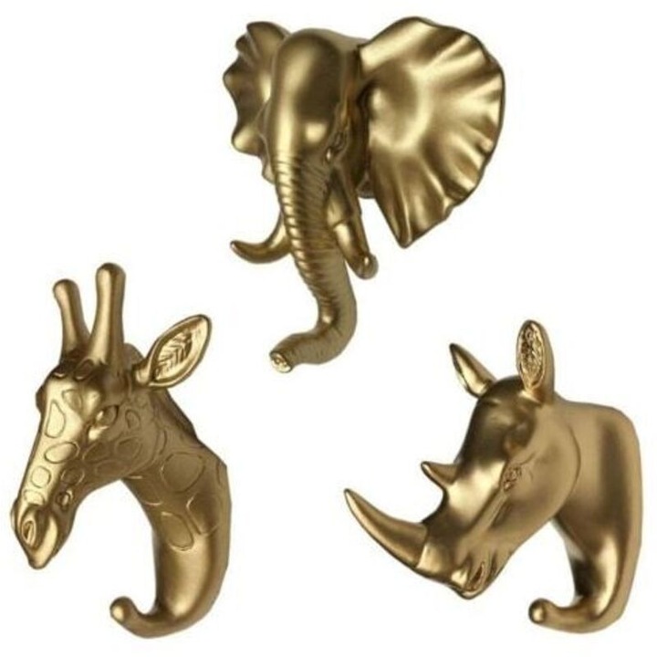 Set 3 cuiere perete animale, plastic, auriu, 3x compact