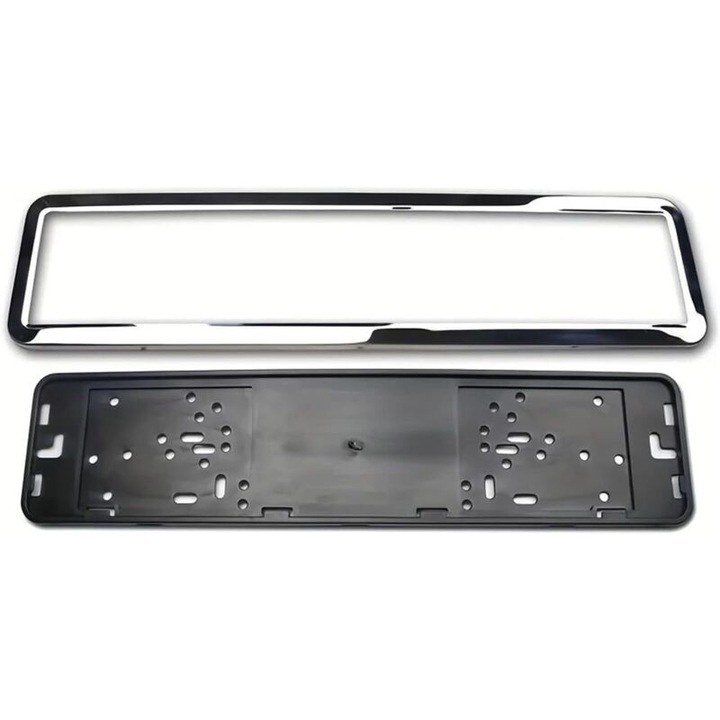 Suport numar auto, plastic si otel inoxidabil, texturat, argintiu, 53.5x13.5cm