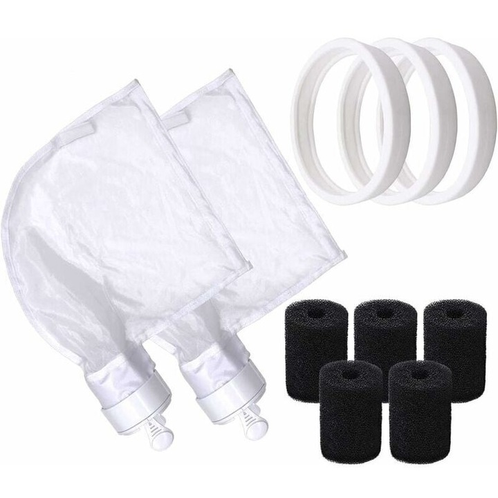 Set accesorii curatare piscina, 2 saci nailon, 3 roti cauciuc, 5 perii, multicolor