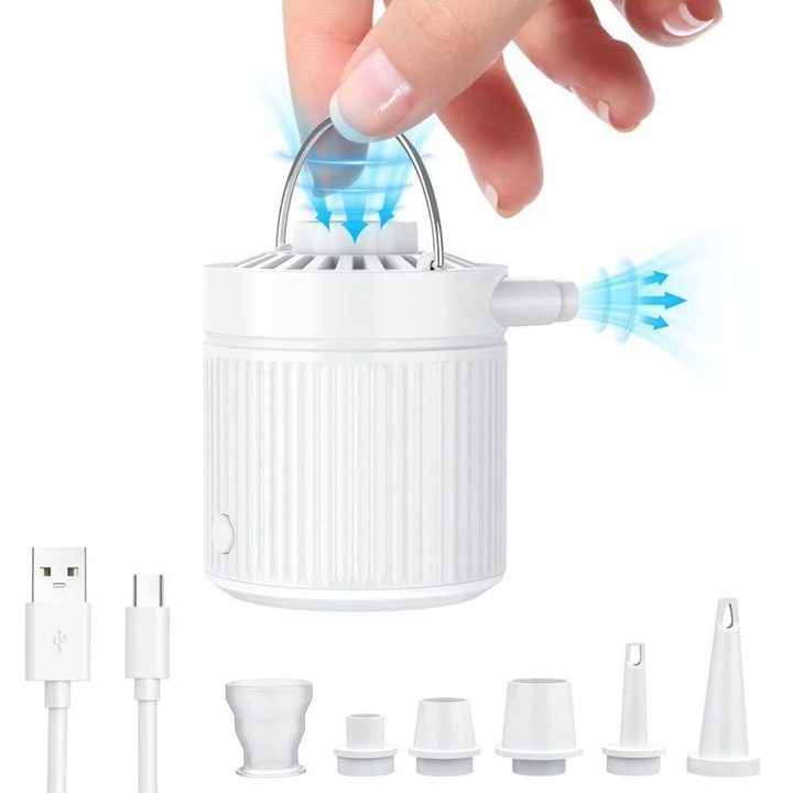Мини електрическа въздушна помпа 2-в-1, 1600mAh, USB-C, 3500Pa, 5 дюзи, бяла