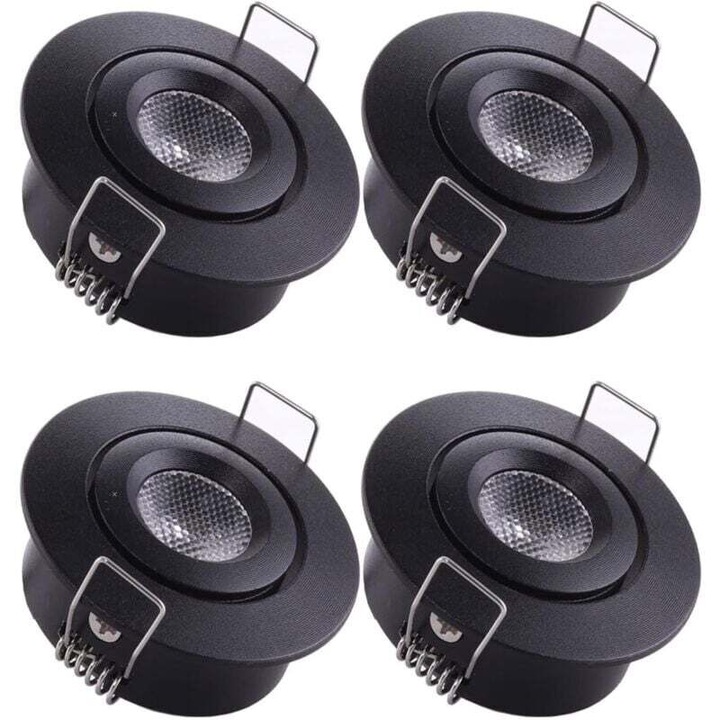 Set 4 spoturi LED incastrate, 1W, alb cald, negru, 52x24mm