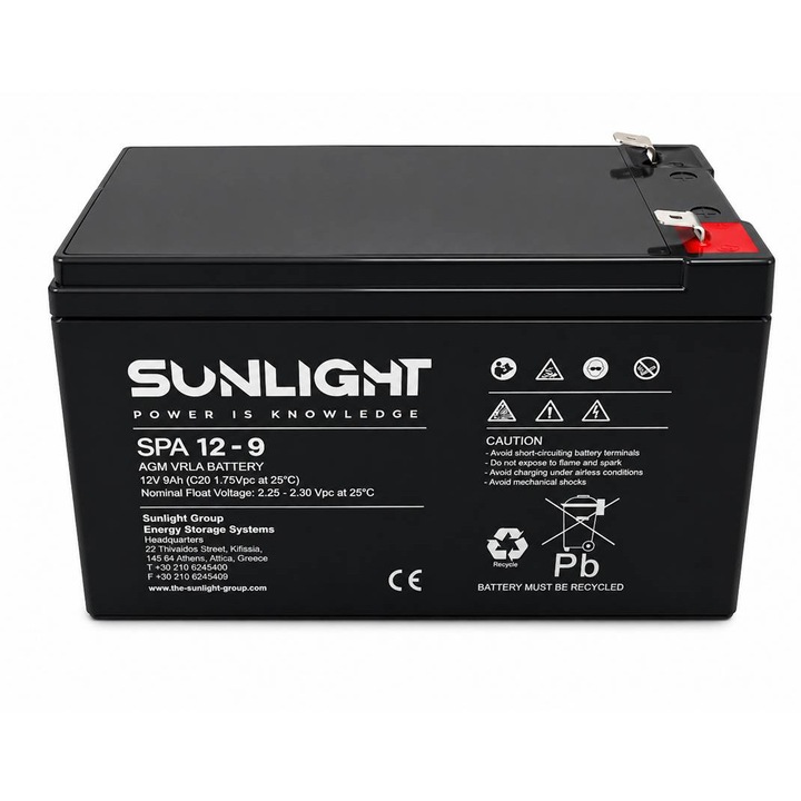 Baterie reîncărcabilă cu plumb-acid SUNLIGHT, 12VDC, 9AH, 150x65x95mm
