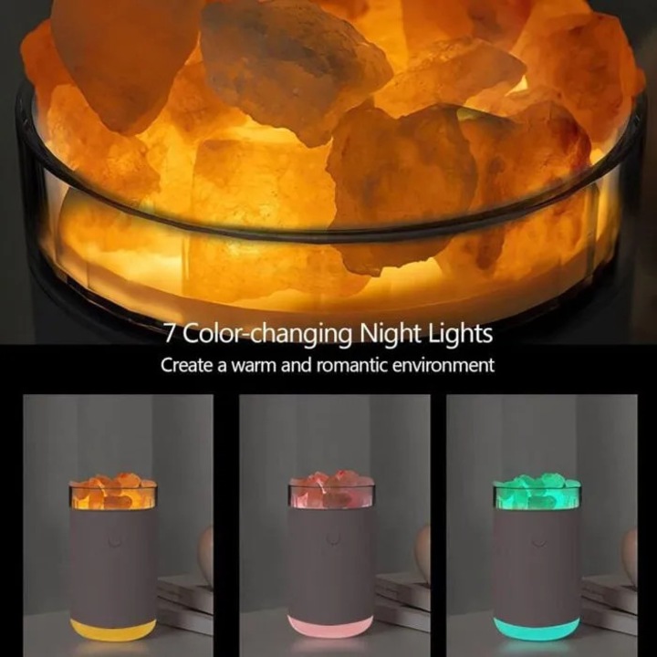 Umidificator portabil 260ml piatra sarata cristal, difuzor ulei esential, LED multicolor