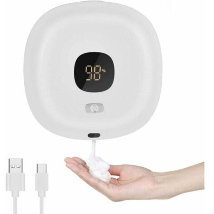 Automata habszappan adagoló, falra szerelhető, érintésmentes, fehér, 1200mAh