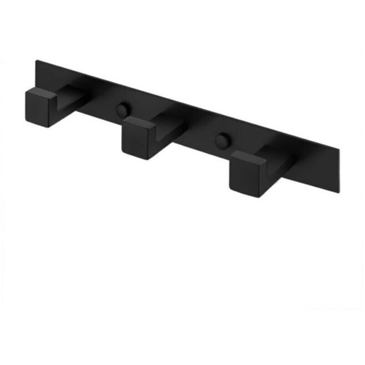 Cuier de perete pentru baie, 3 carlige, otel inoxidabil, negru mat, 36x25mm