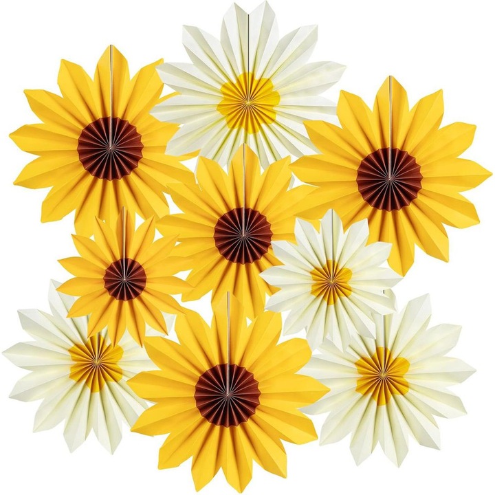 Set 9 evantaie din hartie floarea-soarelui, decor suspendat floral, multicolor, 30x30cm