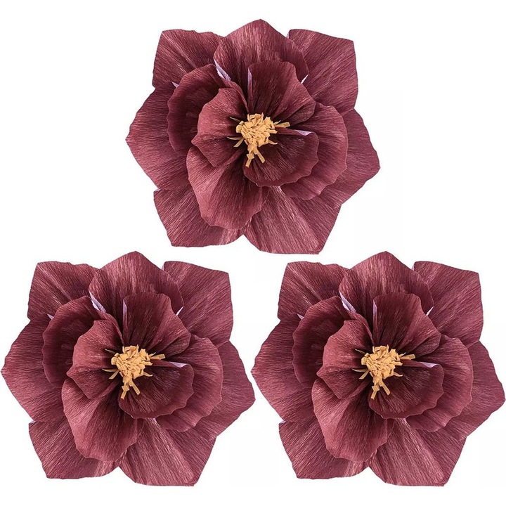 Flori din hartie creponata 3D, burgundy, 20x20x20cm, set 3 bucati
