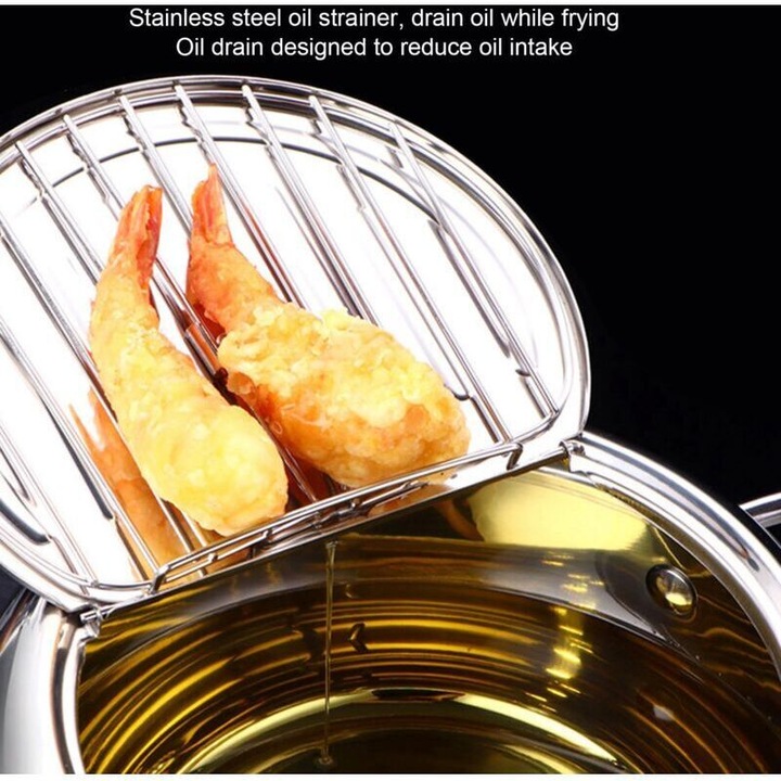 Rozsdamentes acél tempura fritőz, 24cm, hőmérő, hideg fogantyú, levehető fém tartó
