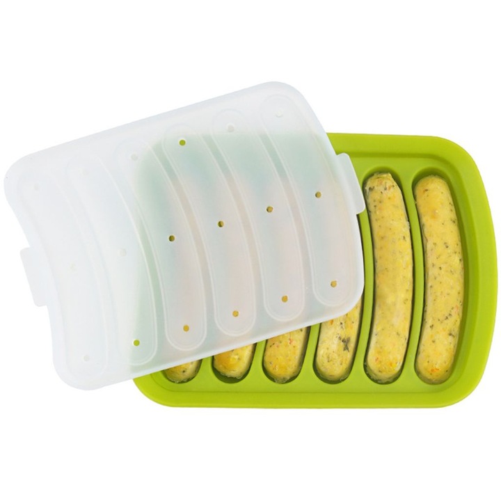 Forma pentru crenvursti din silicon cu capac, 6 cavitati, rezistenta la temperatura, verde, 18 x 14 x 3.2 cm