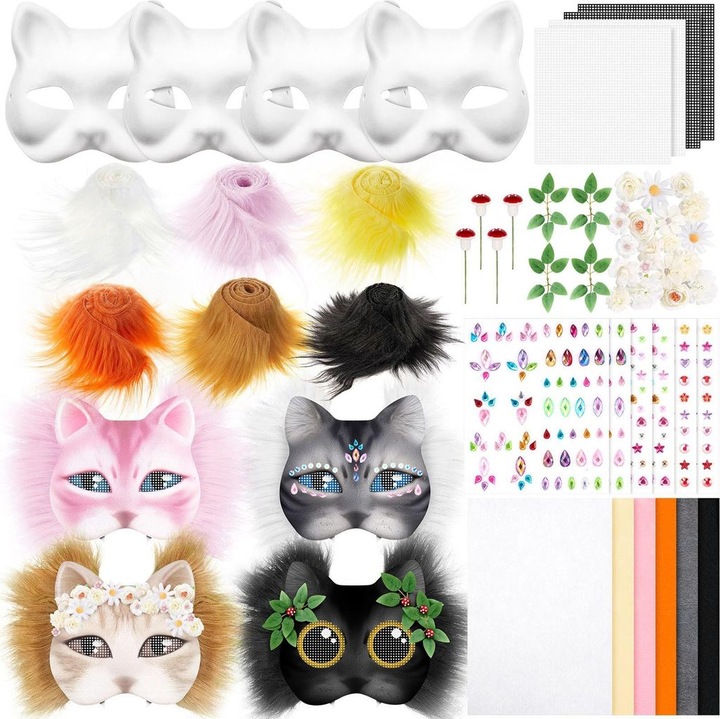 Kit masca DIY animal, pisica vulpe, blana artificiala, material fetru, marime unica