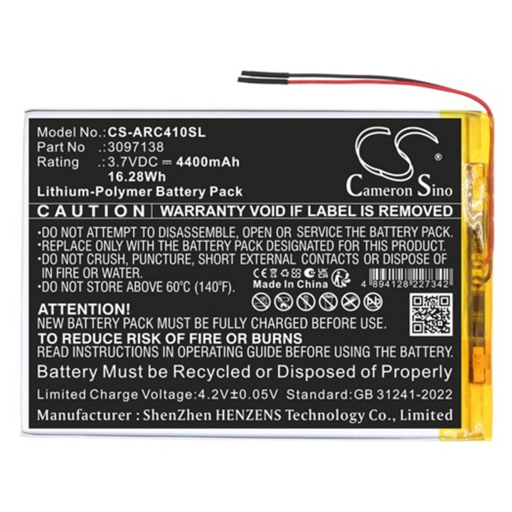 Cameron sino li-polymer akkumulátor, 3.7v / 4400mAh, archos 3097138 kompatibilis fekete, gyártói csomagolás