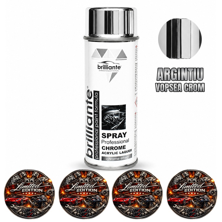 Vopsea Spray Crom Brilliante Argintiu Efect Metalic Premium pentru Auto, Jante, Oglinzi si Decoratiuni, 400ml, 4x Stickere auto