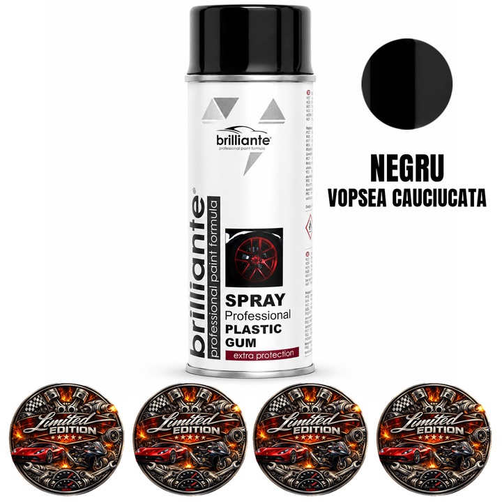Vopsea Spray Cauciucata Brilliante Negru, pentru Jante, Oglinzi, Manere si Proiecte DIY, Aplicare si Indepartare usoara, Uscare Rapida, 400ml, 4x Stickere auto