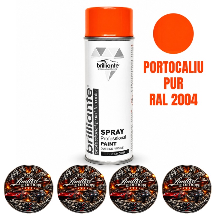 Vopsea Spray Brilliante Portocaliu Pur RAL 2004, pentru Metal, Lemn, PVC, ABS, Ceramica, Piatra si Suprafete Multiple, 400 ml, 4x Stickere auto