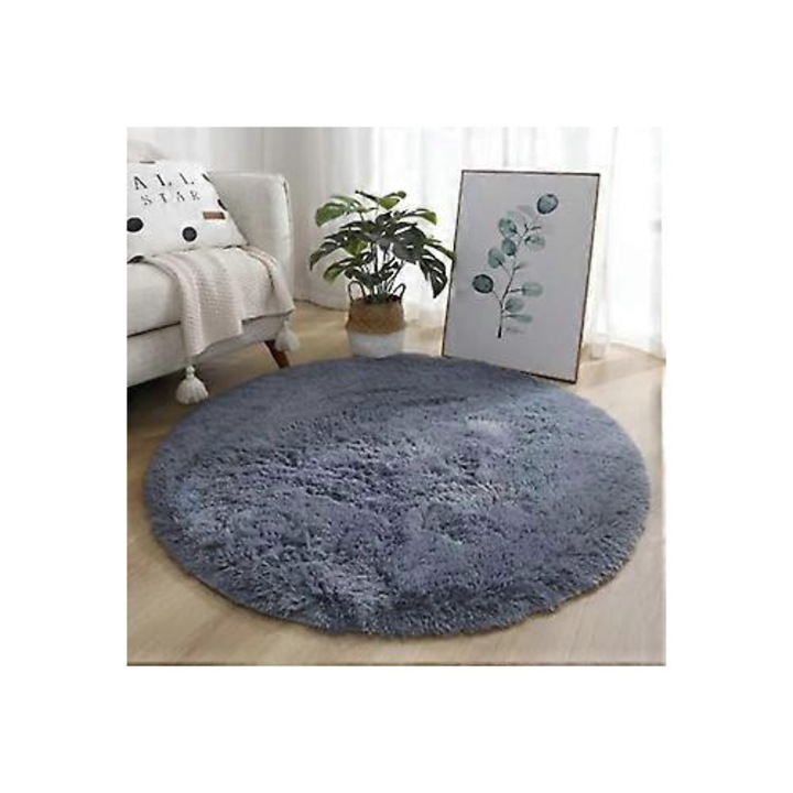 Covor rotund plusat alb, pufos, antiderapant, 120x120cm