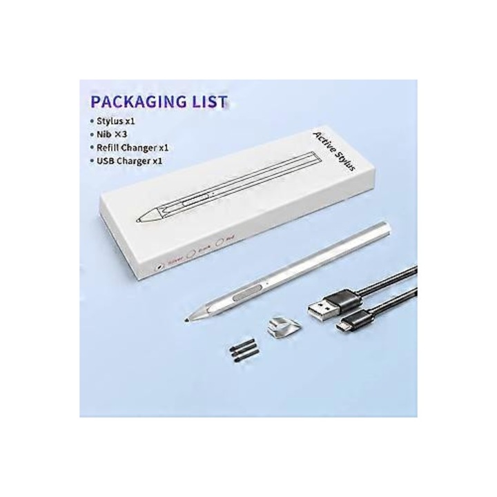 Stylus pen pentru Surface, 4096 niveluri presiune, incarcare USB-C, argintiu, 9.2mm, 14g