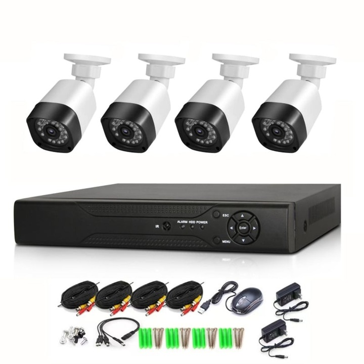 Teljes készlet 4 biztonsági kamera DVR 1TECH K-04-gyel, Éjjellátó, Otthoni és üzleti használatra, Fekete