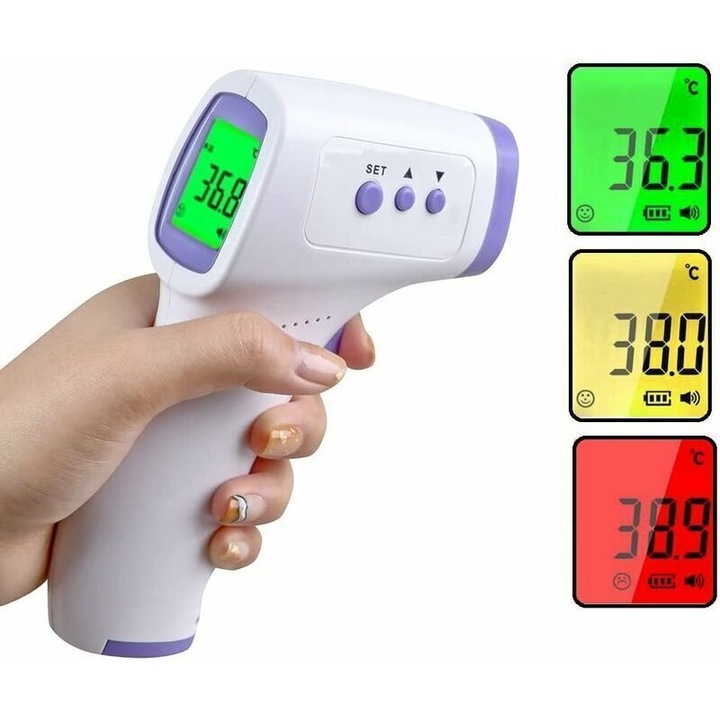 Érintésmentes infravörös homlokhőmérő, LCD kijelző, színes jelzőfények, 32 memória, fehér