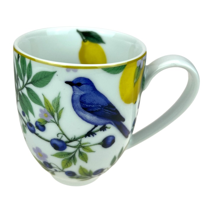 Bogucice Capri porcelán bögre, 400ml, virágok és gyümölcsök, fehér-arany, 11x8.5cm