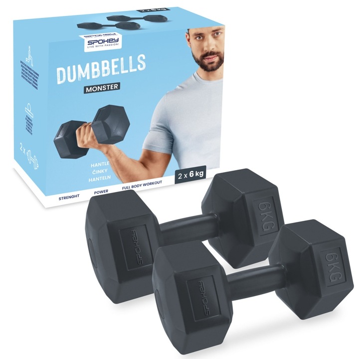 Set gantere hexagonale Spokey Monster, 2x6kg, negru