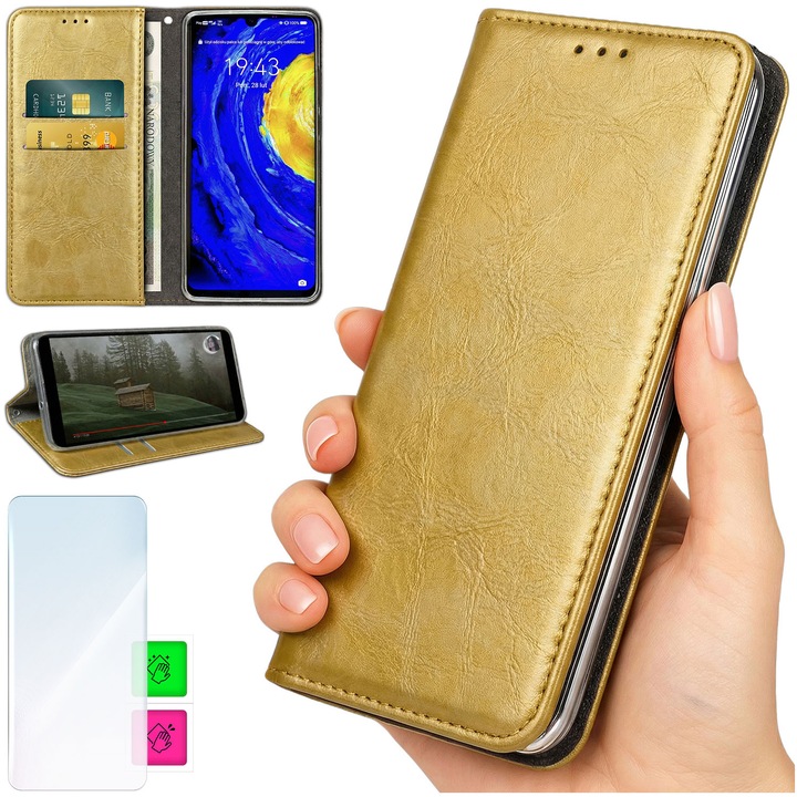 Husa portofel FONNEO Note 30 Pro 4G, piele ecologica neagra, suport, 2 buzunare carduri