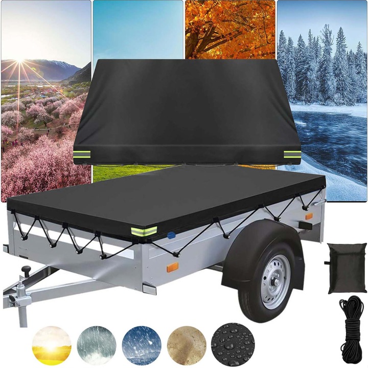 Prelata impermeabila pentru remorca, material Oxford, cu franghie elastica de 8m de geanta de depozitare, 210*115*10cm, Potrivit pentru toate anotimpurile, benzi reflectorizante, Etansare buna, Potrivit pentru majoritatea remorcilor auto