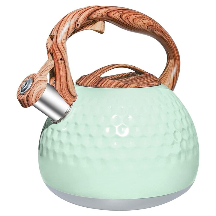 Rozsdamentes acél teáskanna 2.7L, fa fogantyú, fütyülős, ergonomikus