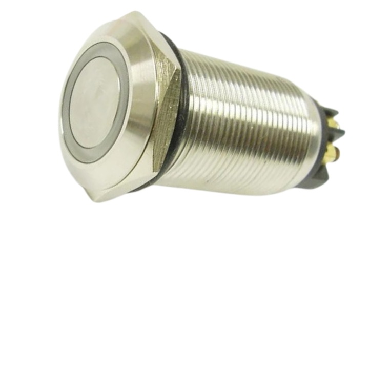 Lapos nyomógombos kapcsoló 19mm, piros LED, IP65, 1N/O-1N/C, rozsdamentes acél