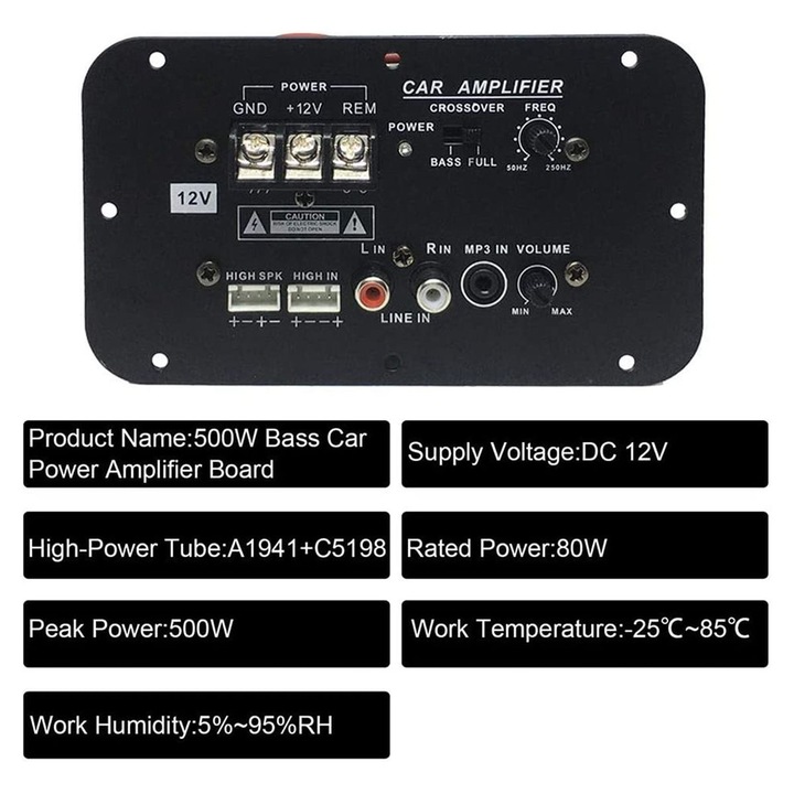 Placa amplificator subwoofer auto 500W bass HiFi DC 12V negru 15x10cm