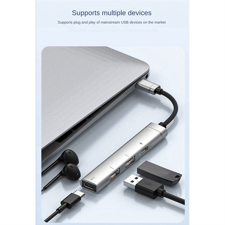 USB-C хъб, 4 порта, сребрист, 10x1.7см