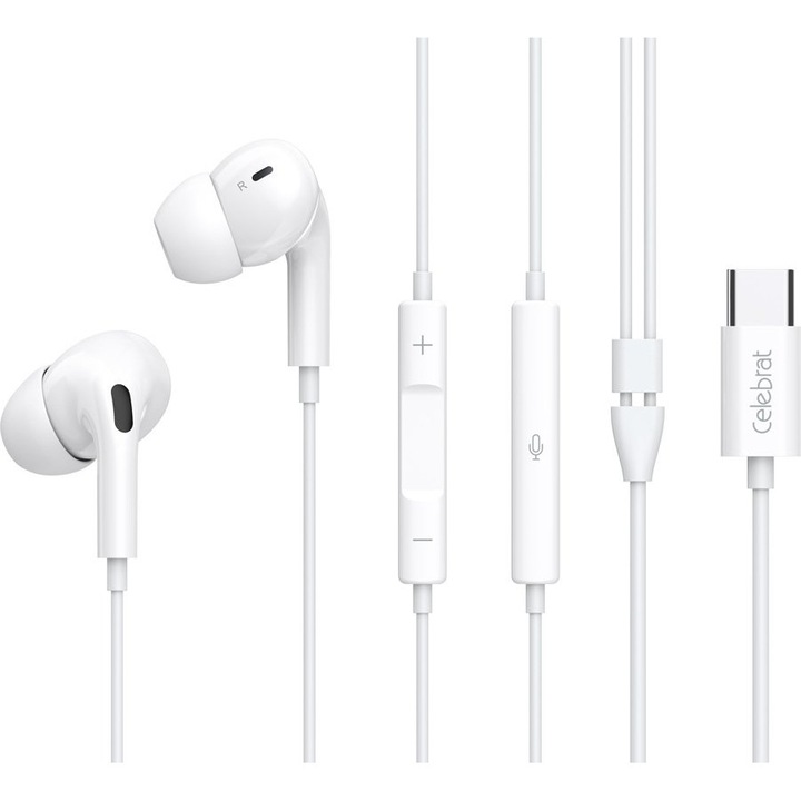 Casti cu fir Celebrat E300, microfon, USB-C, alb, 1.2m