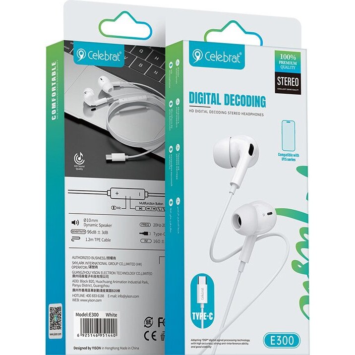 Casti cu fir Celebrat E300, microfon, USB-C, alb, 1.2m