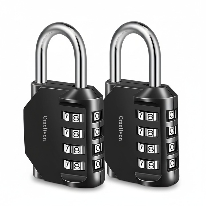 Set 2 Lacate cu Cifru 4 Cifre, Omelivon, Lacat Antifurt pentru Bagaje si Valize, Cod Numeric Reglabil, pentru Rucsacuri, Dulapuri, Vestiare, Calatorii, Negru