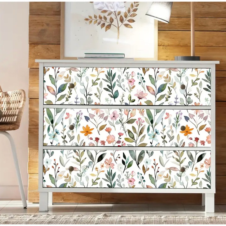 Boho virágos öntapadós tapéta, PVC, fehér, 44x300cm/500cm/1000cm