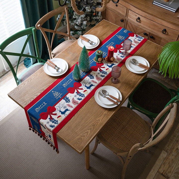Jacquard karácsonyi asztalterítő, 35x180cm, poliészter, rojtok, sárga