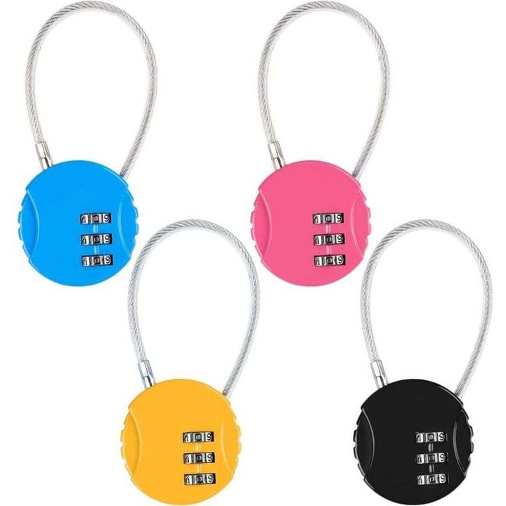 Set 4 lacate cu combinatie 3 cifre, cablu otel, multicolor, 38x13.5x0.9cm