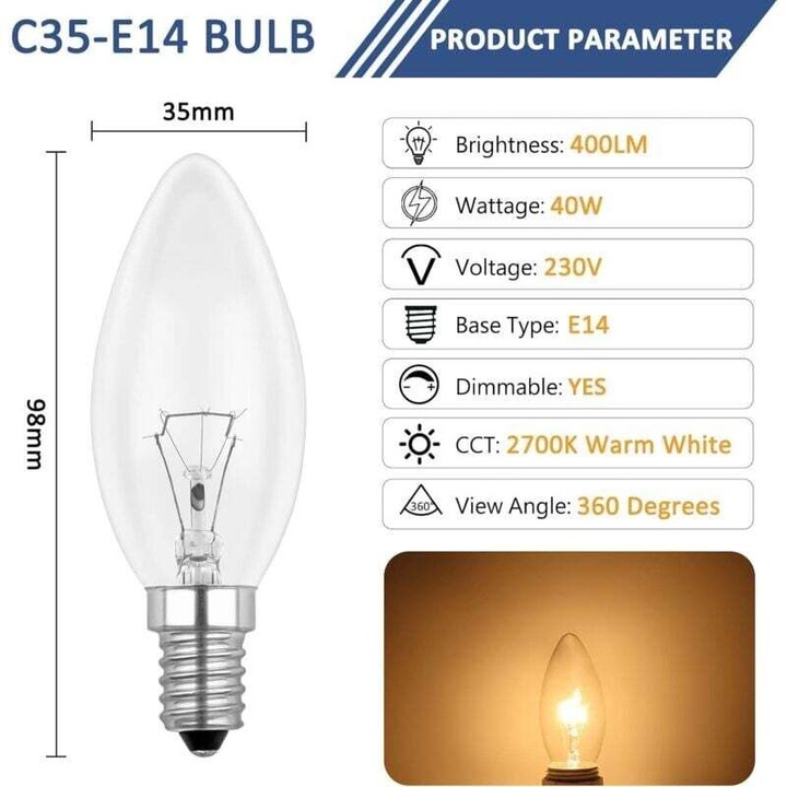 10 db E14 40W izzó készlet, gyertya forma, meleg fehér 2700K, 35x98mm
