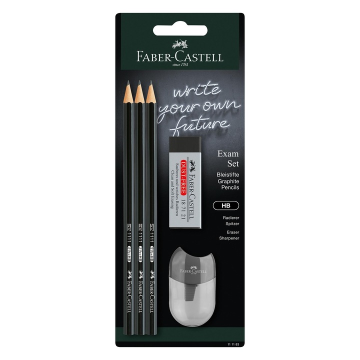 Creion Faber-Castell 1111, grafit, HB, 3 bucăți, cu accesorii incluse