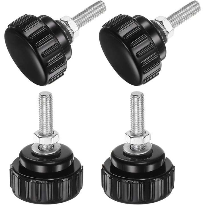 Set de 4 butoane cu suruburi zimtate M5 x 20 mm cu piulite si saibe, buton de prindere cu cap din plastic de 25 mm, surub manual, negru